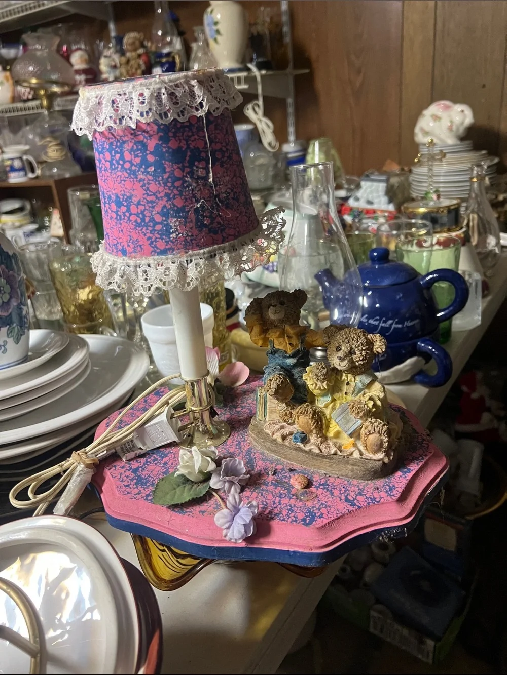 Pink Floral Ceramic Tea Time Table Lamp with Bear Figurines